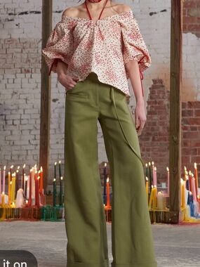 Rosie Assoulin Olive Green Wide-Leg Cotton Trousers
